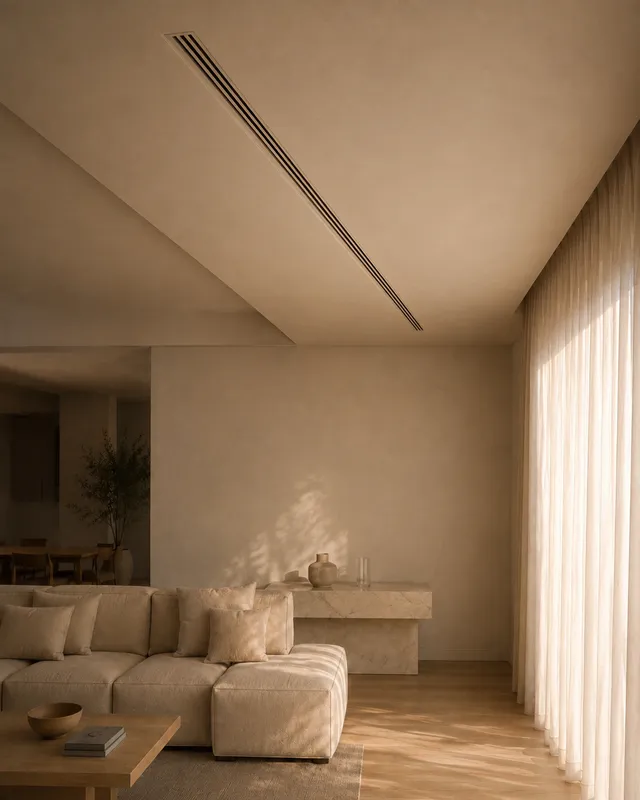 A linear air-conditioning grille recessed into a plaster ceiling.