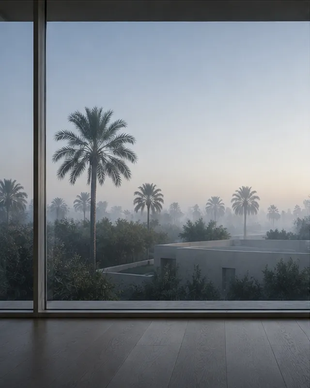 A view through glazing at dawn during Dubai's fog season, palms softened by low mist.