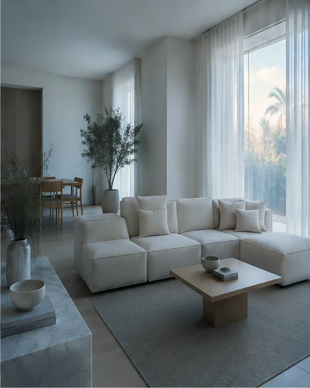 A Dubai villa living room in soft, cool winter morning light.