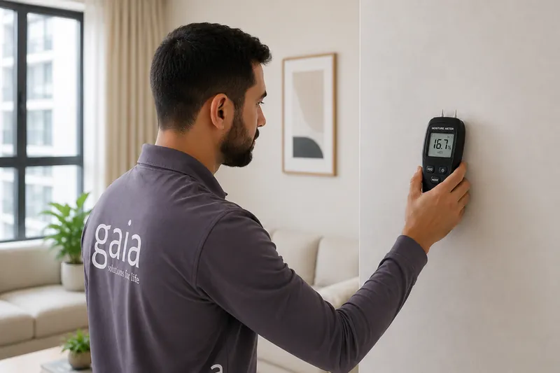 A Gaia technician holding a moisture meter against a living-room wall, its display reading 16.7 per cent